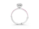 White gold Radiant Cut Diamond Solitaire Ring with Round with Pink Sapphire side stone Pavé Band and Prong Setting_15