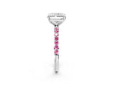White gold Radiant Cut Diamond Solitaire Ring with Round with Pink Sapphire side stone Pavé Band and Prong Setting_2