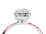 White gold Radiant Cut Diamond Solitaire Ring with Round with Pink Sapphire side stone Pavé Band and Prong Setting_4