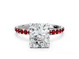 White gold Radiant Cut Diamond Solitaire Ring with Round with Ruby side stone Pavé Band and Prong Setting_24