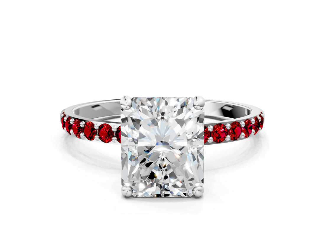 White gold Radiant Cut Diamond Solitaire Ring with Round with Ruby side stone Pavé Band and Prong Setting_24