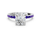 White gold Radiant Cut Diamond Solitaire Ring with Round with Tanzanite side stone Pavé Band and Four-Prong Setting_24