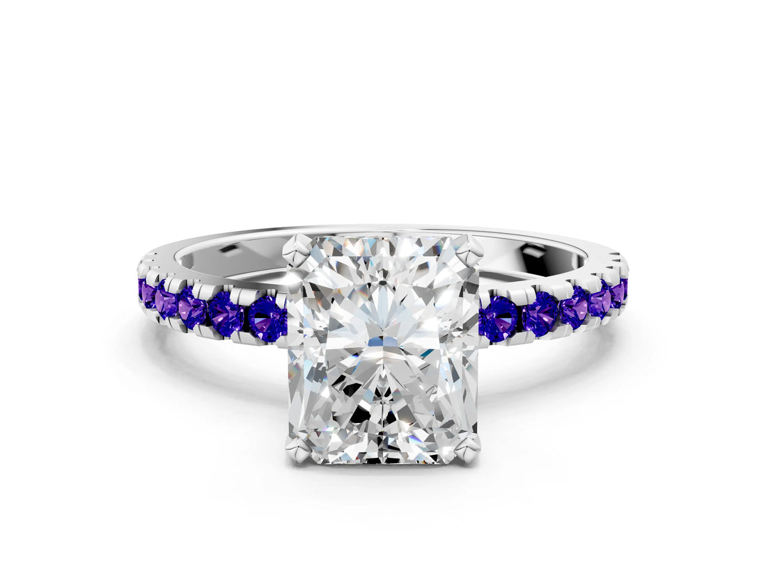 White gold Radiant Cut Diamond Solitaire Ring with Round with Tanzanite side stone Pavé Band and Four-Prong Setting_24