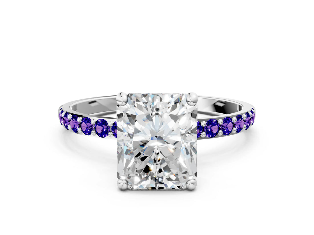 White gold Radiant Cut Diamond Solitaire Ring with Round with Tanzanite side stone Pavé Band and Prong Setting