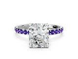 White gold Radiant Cut Diamond Solitaire Ring with Round with Tanzanite side stone Pavé Band and Prong Setting