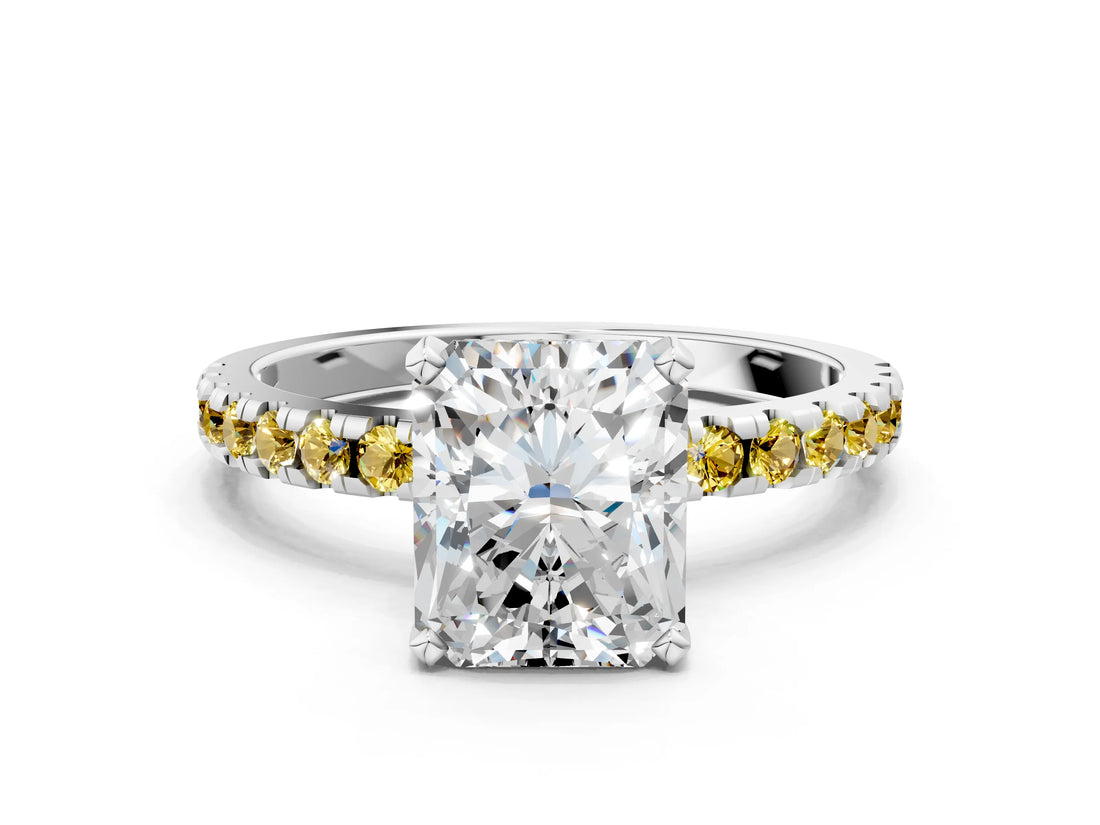 White gold Radiant Cut Diamond Solitaire Ring with Round with Yellow Sapphire side stone Pavé Band and Four-Prong Setting