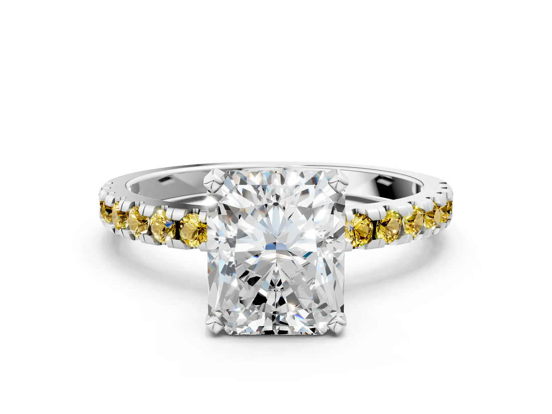 White gold Radiant Cut Diamond Solitaire Ring with Round with Yellow Sapphire side stone Pavé Band and Four-Prong Setting_36