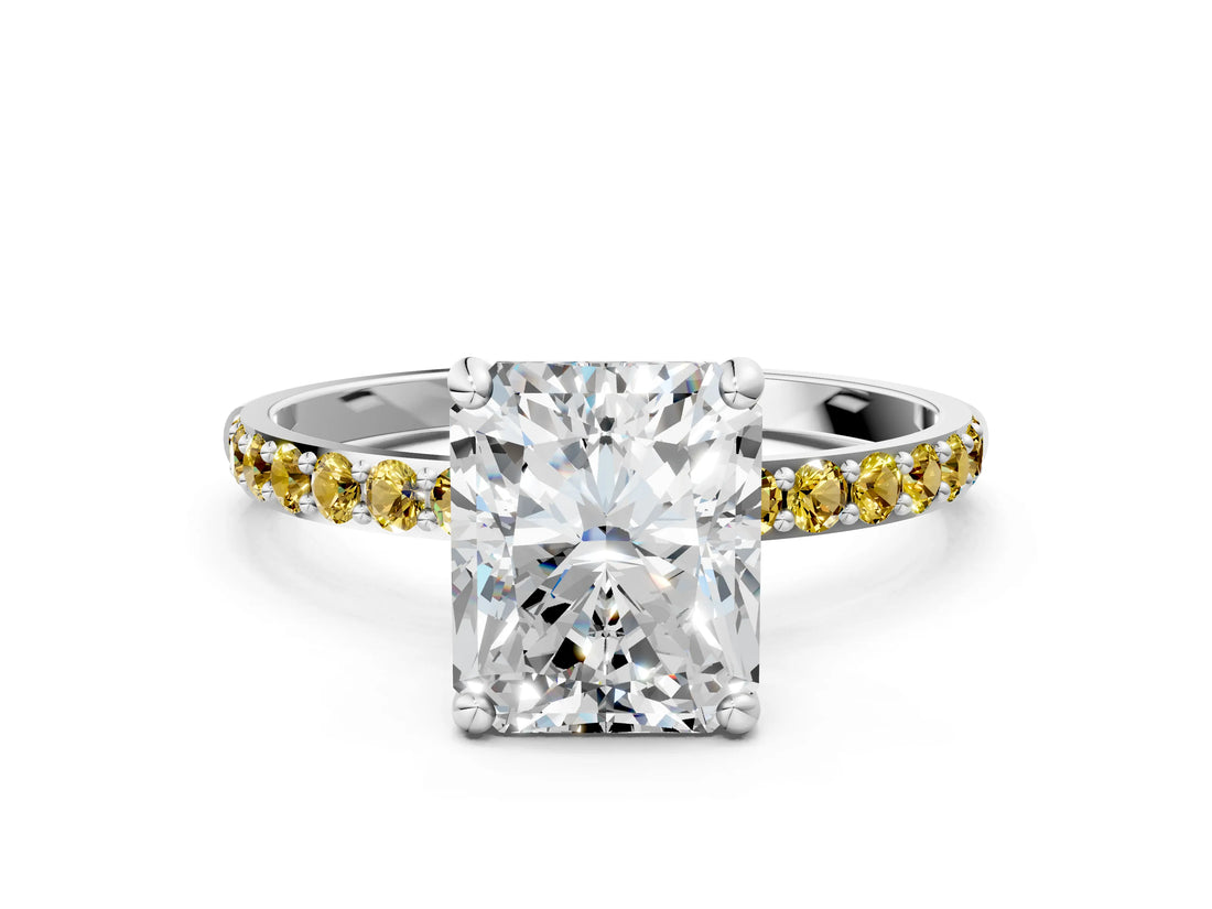 White gold Radiant Cut Diamond Solitaire Ring with Round with Yellow Sapphire side stone Pavé Band and Prong Setting_23