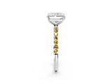 White gold Radiant Cut Diamond Solitaire Ring with Round with Yellow Sapphire side stone Pavé Band and Prong Setting_26