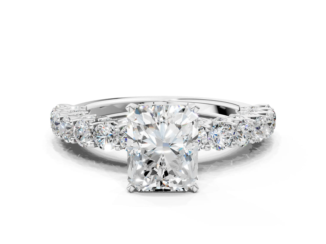 White gold Radiant Cut Diamond Solitaire Ring with Shared Prong Pavé Band and Four-Prong Setting_135