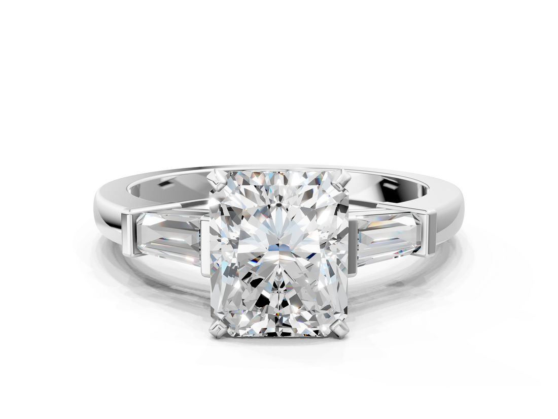 White gold Radiant Cut Diamond Solitaire Ring with Tapered Baguette Accents and Four-Prong Setting_106