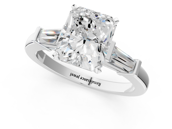 White gold Radiant Cut Diamond Solitaire Ring with Tapered Baguette Accents and Four-Prong Setting