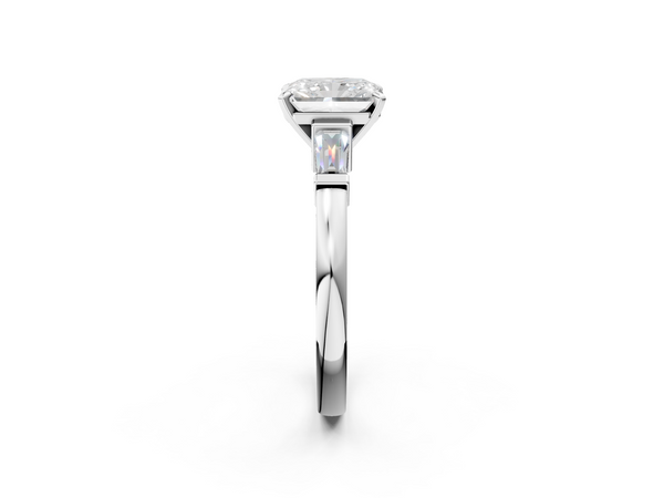 White gold Radiant Cut Diamond Solitaire Ring with Tapered Baguette Accents and Four-Prong Setting