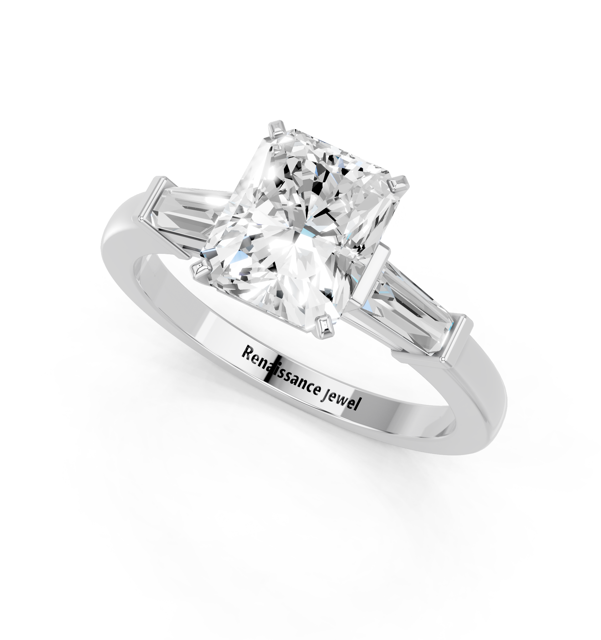 White gold Radiant Cut Diamond Solitaire Ring with Tapered Baguette Accents and Four-Prong Setting_36