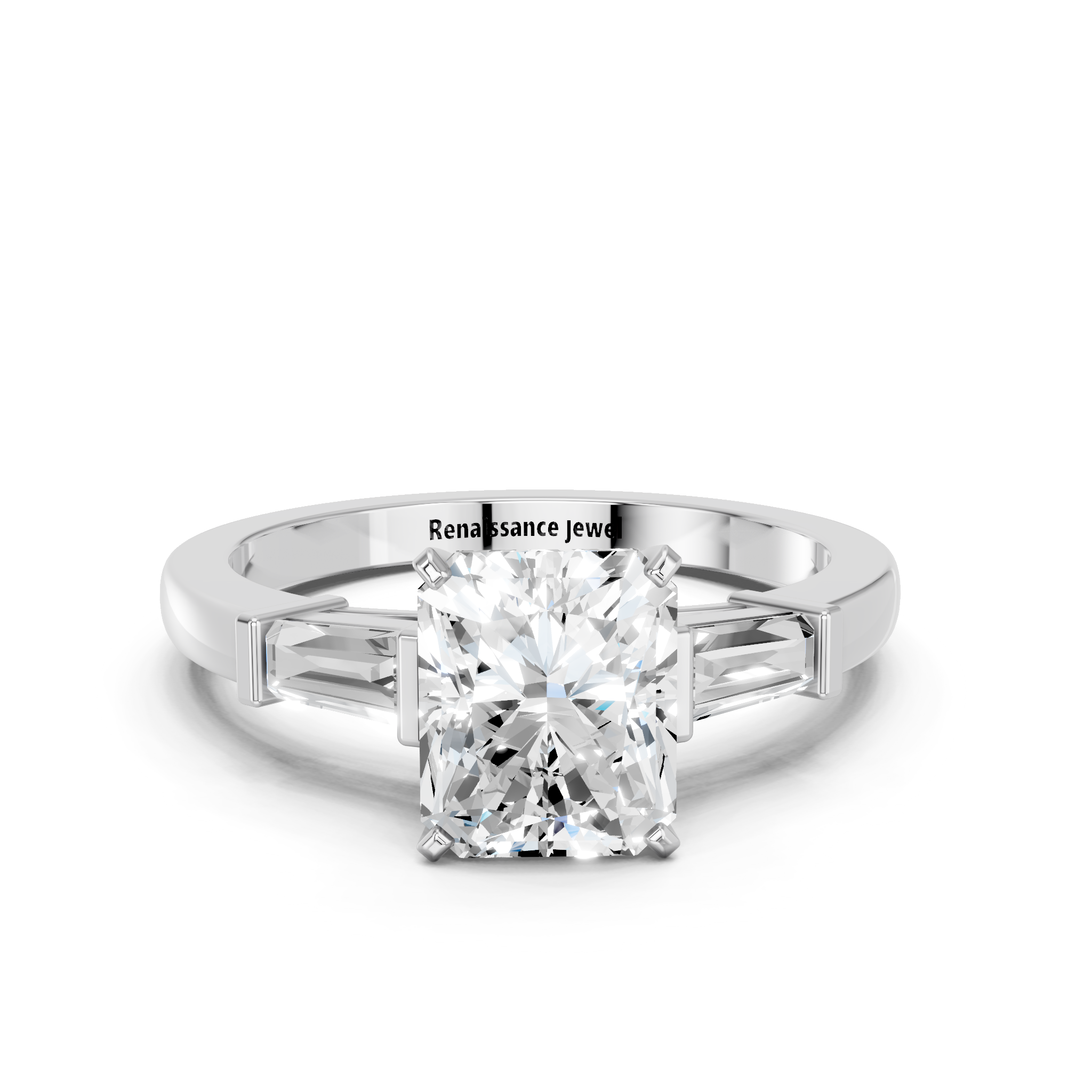 White gold Radiant Cut Diamond Solitaire Ring with Tapered Baguette Accents and Four-Prong Setting_44