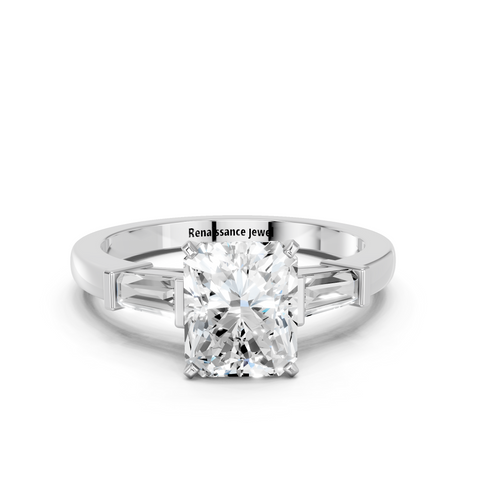White gold Radiant Cut Diamond Solitaire Ring with Tapered Baguette Accents and Four-Prong Setting_44