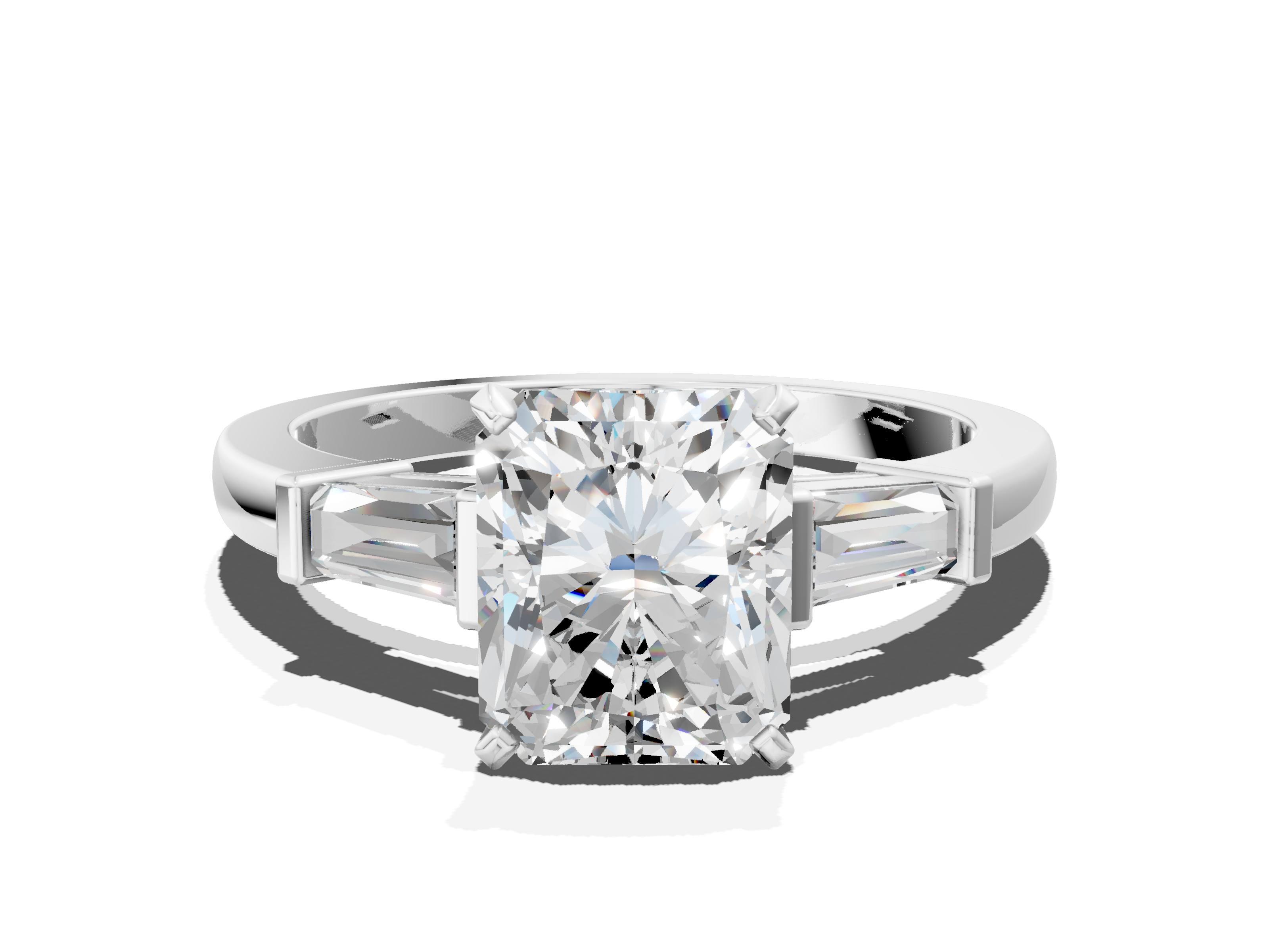 White gold Radiant Cut Diamond Solitaire Ring with Tapered Baguette Accents and Four-Prong Setting_89
