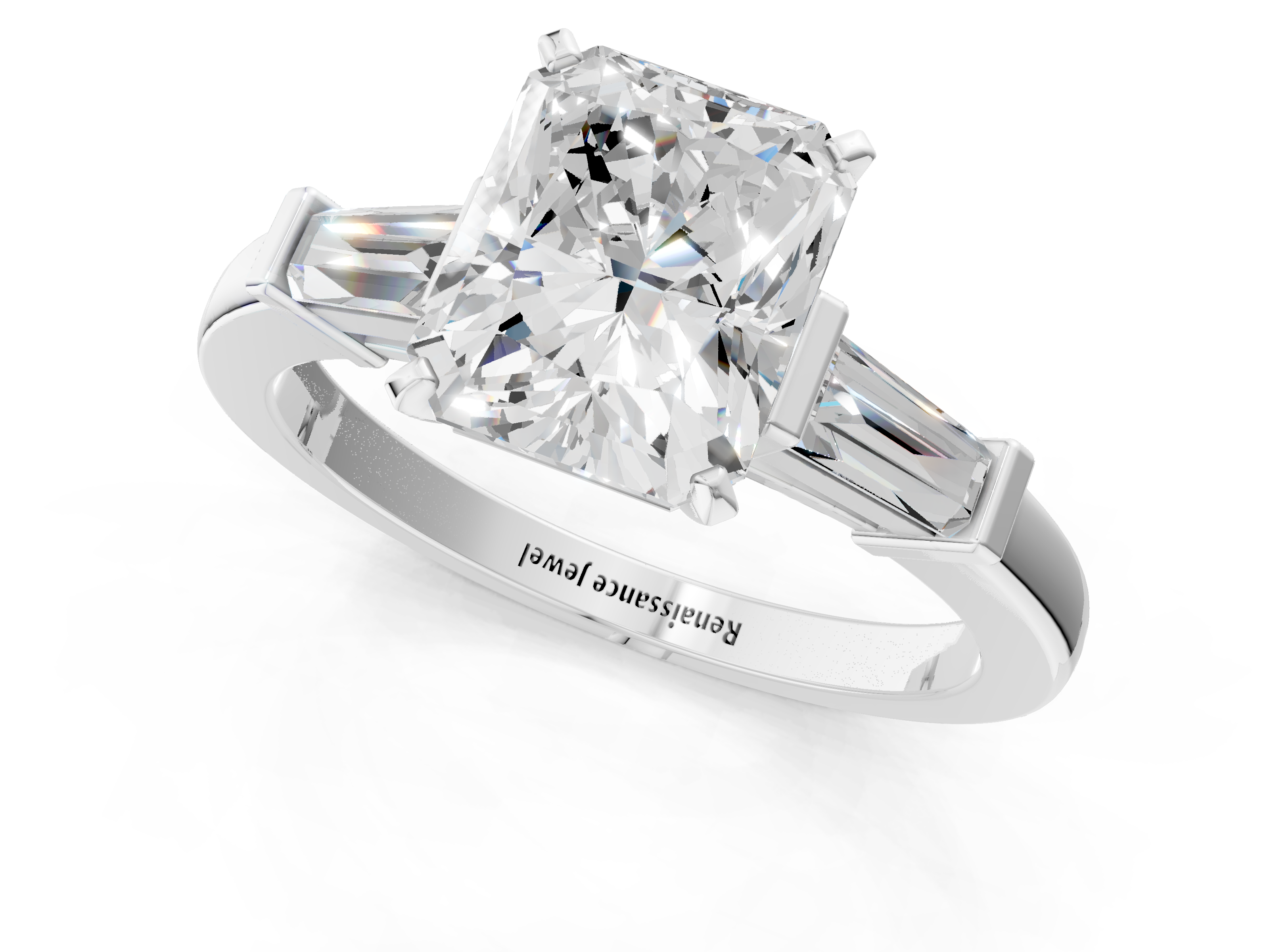 White gold Radiant Cut Diamond Solitaire Ring with Tapered Baguette Accents and Four-Prong Setting_90