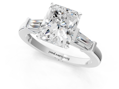 White gold Radiant Cut Diamond Solitaire Ring with Tapered Baguette Accents and Four-Prong Setting_90