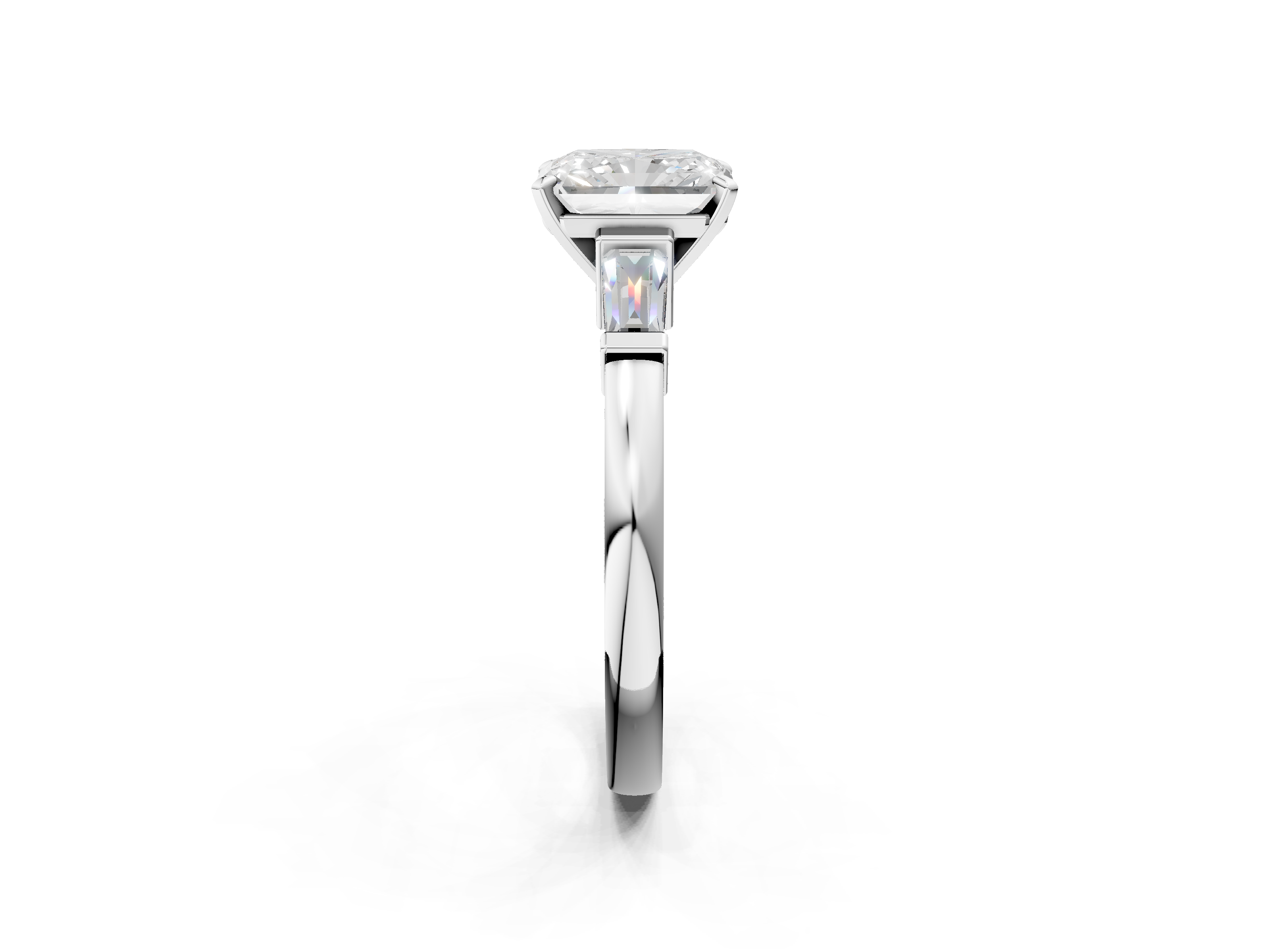 White gold Radiant Cut Diamond Solitaire Ring with Tapered Baguette Accents and Four-Prong Setting_91