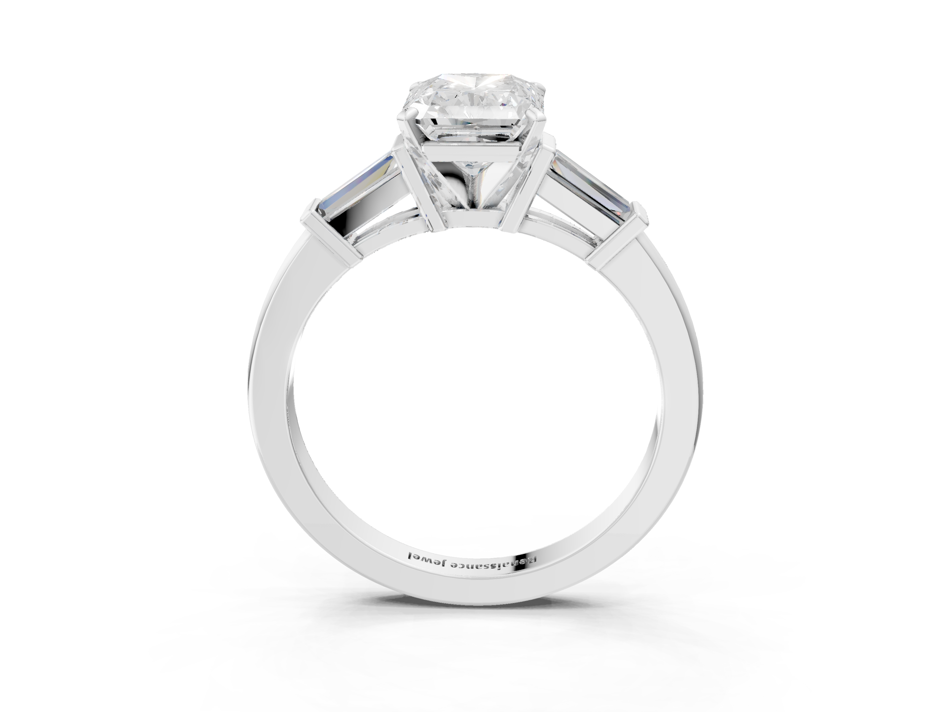 White gold Radiant Cut Diamond Solitaire Ring with Tapered Baguette Accents and Four-Prong Setting_92