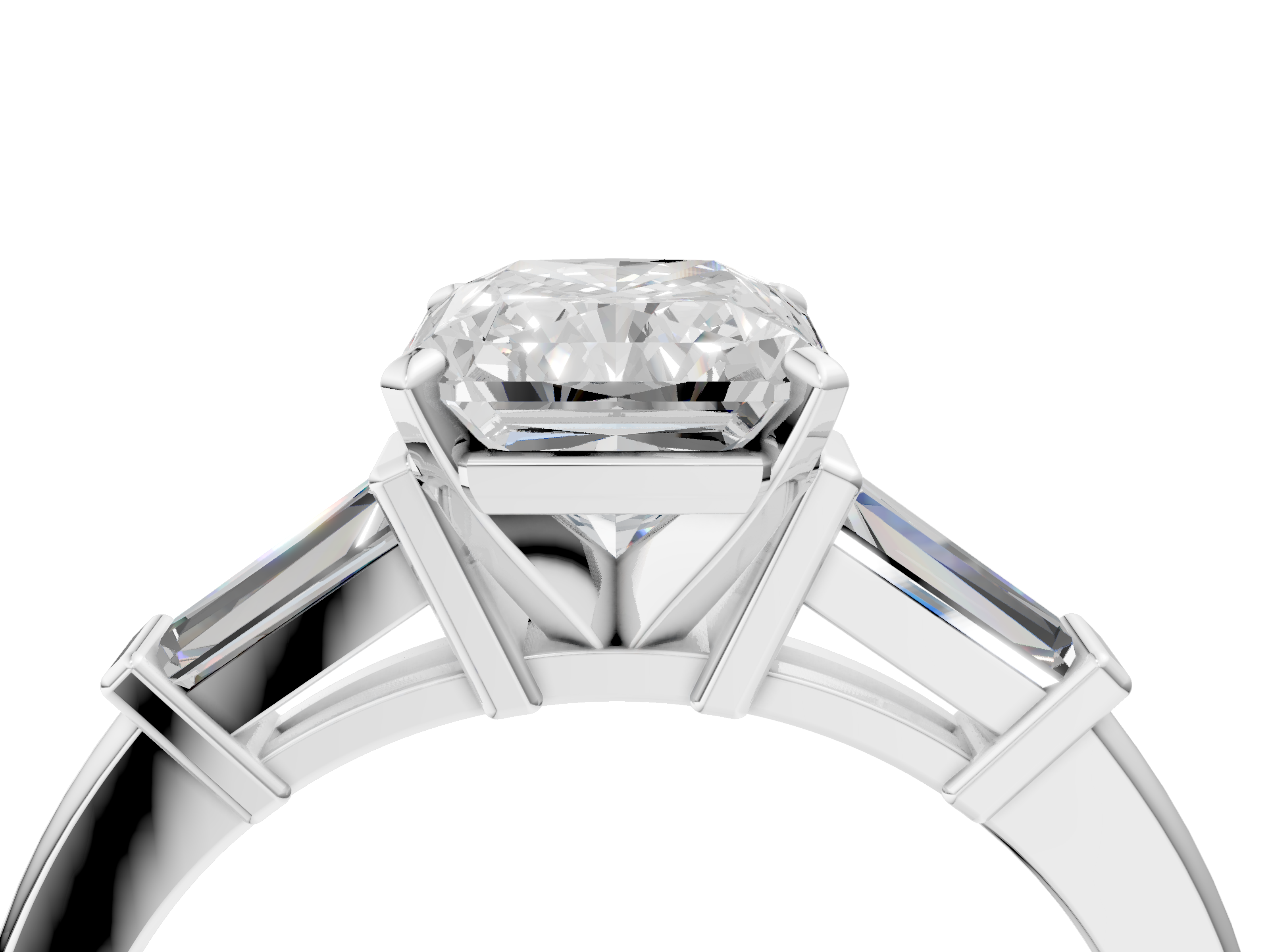 White gold Radiant Cut Diamond Solitaire Ring with Tapered Baguette Accents and Four-Prong Setting_93