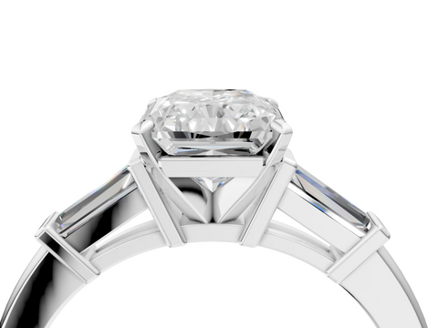 White gold Radiant Cut Diamond Solitaire Ring with Tapered Baguette Accents and Four-Prong Setting_93