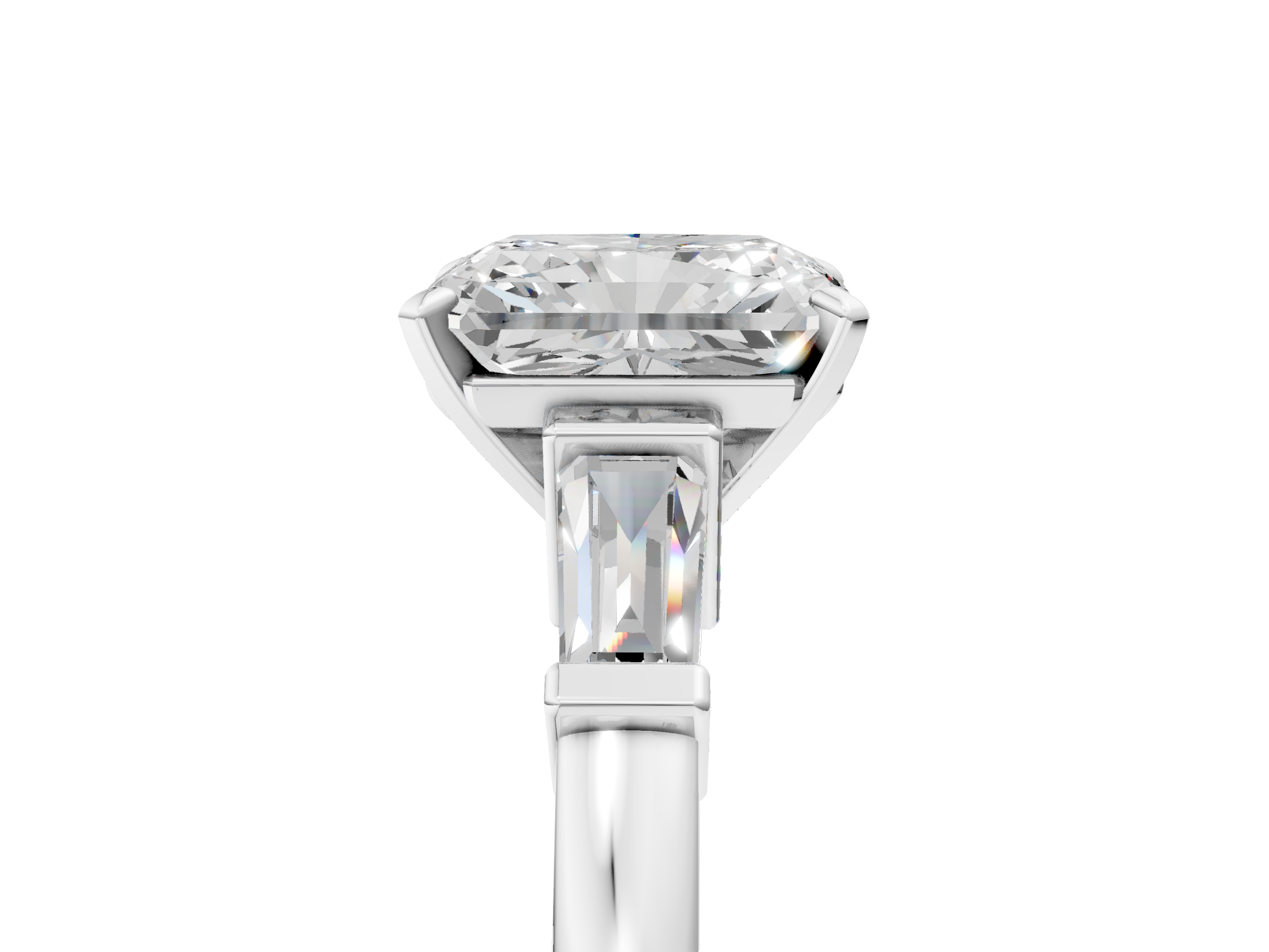 White gold Radiant Cut Diamond Solitaire Ring with Tapered Baguette Accents and Four-Prong Setting_94