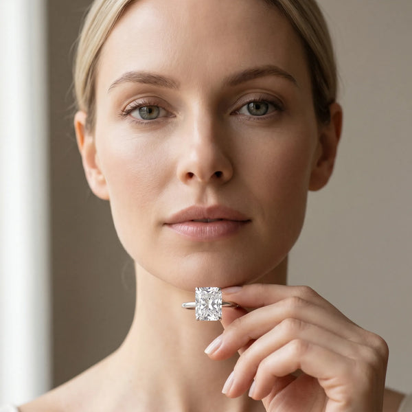 White gold Radiant Cut Diamond Solitaire Ring with Thin Band and Four-Prong Setting