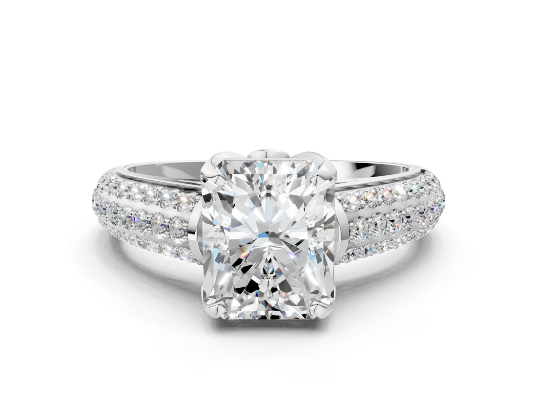 White gold Radiant Cut Diamond Solitaire Ring with Three-Row Pavé Band and Four-Prong Setting_45