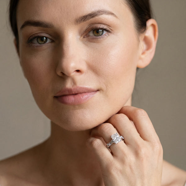 White gold Radiant Cut Diamond Solitaire Ring with Twisted Band and Pavé Accents
