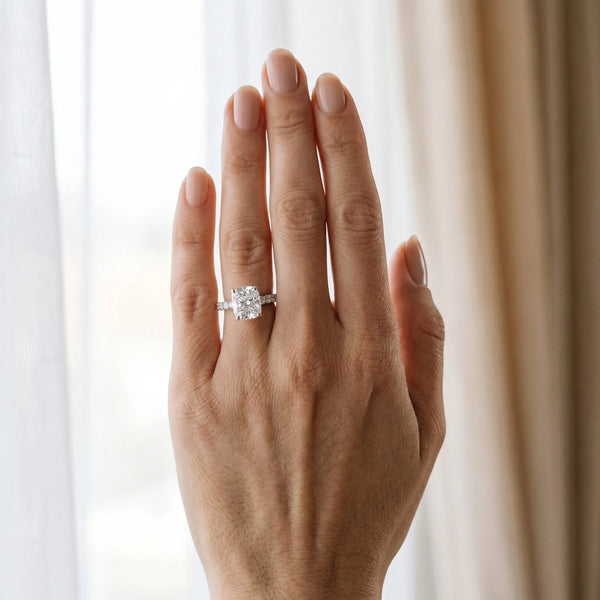 White gold Radiant Cut Diamond Solitaire Ring with U-Prong Diamond Band and Four Prong Setting