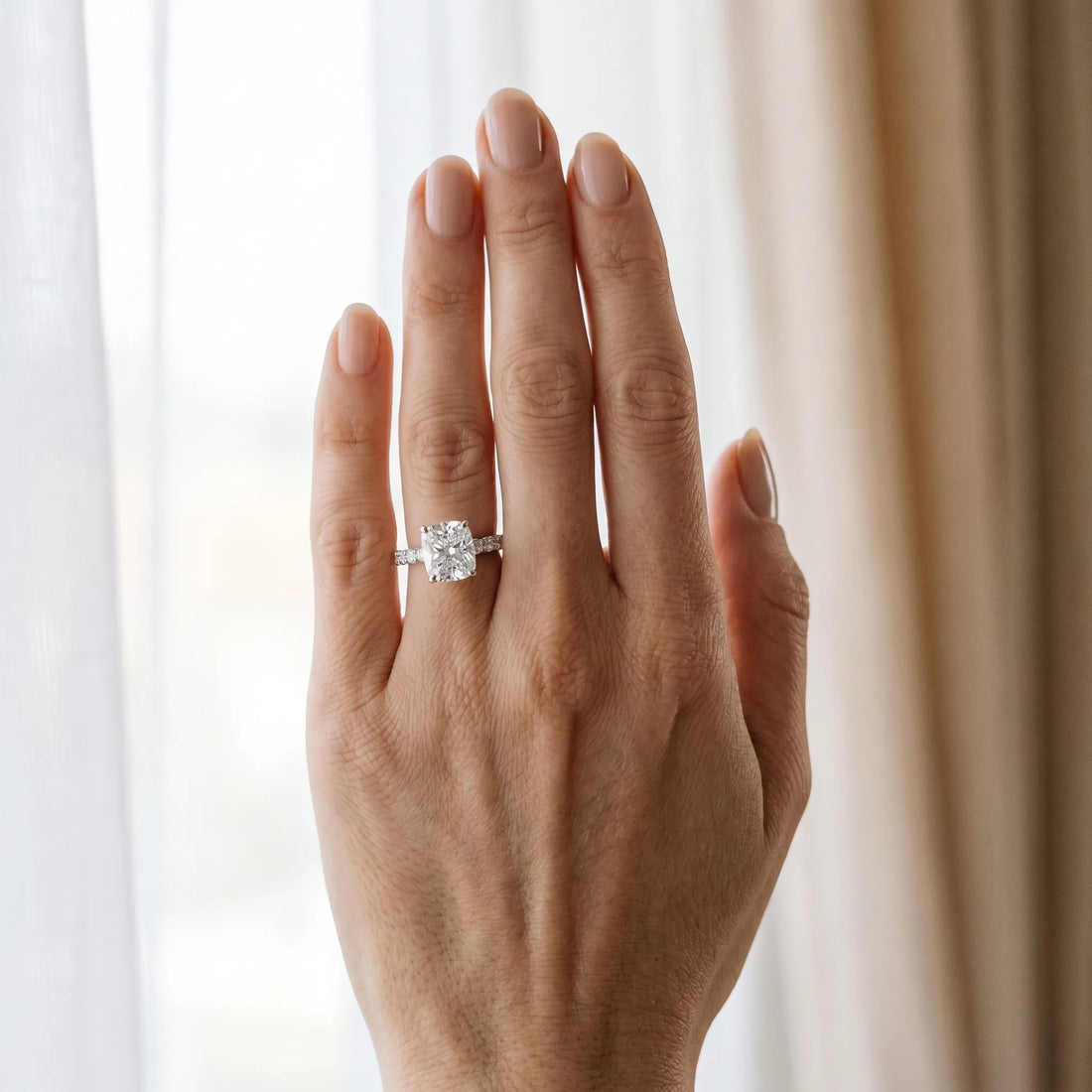 White gold Radiant Cut Diamond Solitaire Ring with U-Prong Diamond Band and Four Prong Setting_34