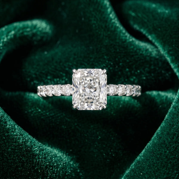 White gold Radiant Cut Diamond Solitaire Ring with U-Prong Diamond Band and Four Prong Setting