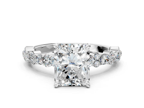 Silver 2.04 Carat E VS1 Radiant Diamond Side Stone Solitaire Ring with Round  and Four-Prong Setting