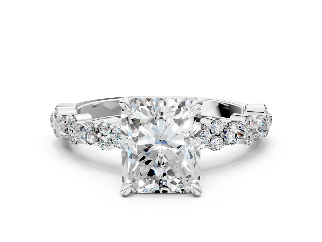 18K White Gold 5.10 Carat E VS1 Radiant Diamond Side Stone Solitaire Ring with Round and Four-Prong Setting