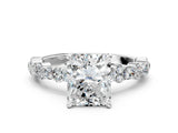 18K White Gold 5.10 Carat E VS1 Radiant Diamond Side Stone Solitaire Ring with Round and Four-Prong Setting