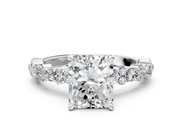 18K White Gold 5.10 Carat E VS1 Radiant Diamond Side Stone Solitaire Ring with Round and Four-Prong Setting
