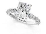 18K White Gold 5.10 Carat E VS1 Radiant Diamond Side Stone Solitaire Ring with Round and Four-Prong Setting