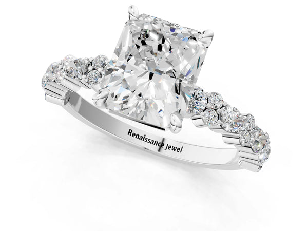 18K White Gold 5.10 Carat E VS1 Radiant Diamond Side Stone Solitaire Ring with Round and Four-Prong Setting