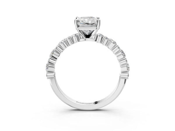18K White Gold 5.10 Carat E VS1 Radiant Diamond Side Stone Solitaire Ring with Round and Four-Prong Setting