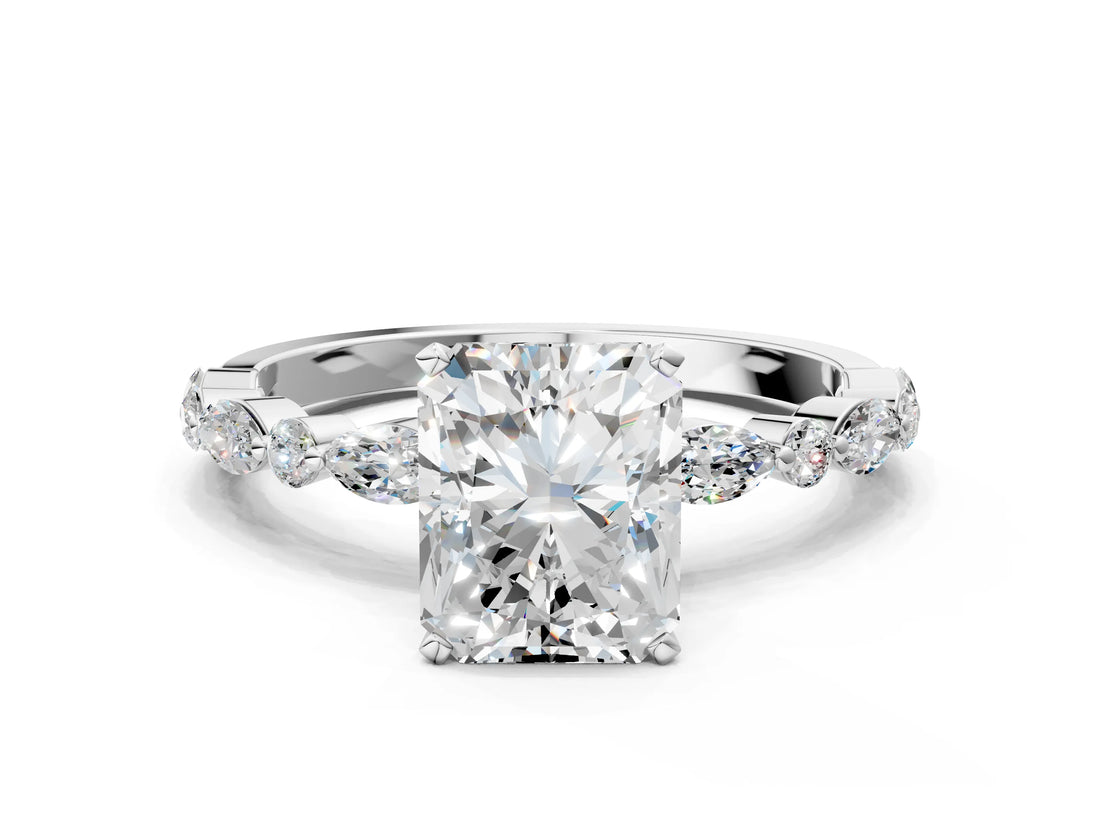 Silver 2.03 Carat F VS1 Radiant Diamond Solitaire with Side Stones on a Pavé Band and Four-Prong Setting