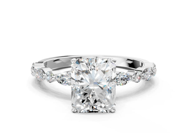Silver 2.03 Carat F VS1 Radiant Diamond Solitaire with Side Stones on a Pavé Band and Four-Prong Setting