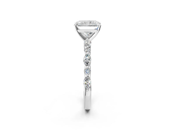 Silver 2.03 Carat F VS1 Radiant Diamond Solitaire with Side Stones on a Pavé Band and Four-Prong Setting