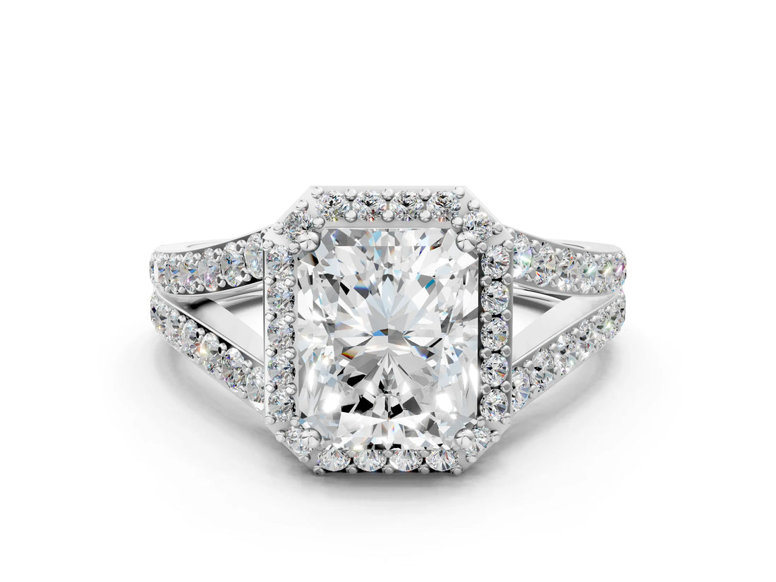 White gold Radiant Cut Diamond Split Shank Halo Ring with Four-Prong Setting_68