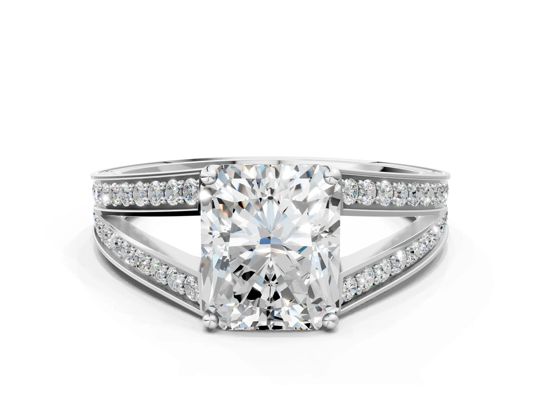 White gold Radiant Cut Diamond Split Shank Ring with Pavé Band and Four-Prong Setting_45