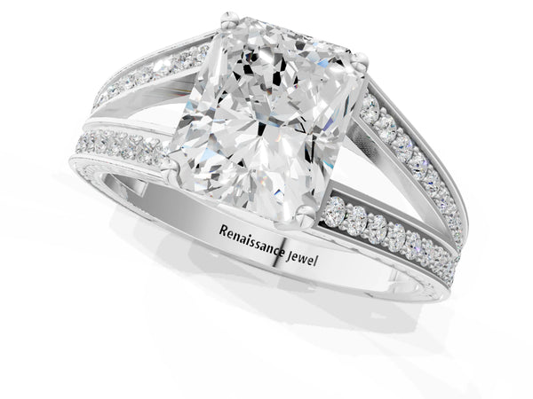 Platinum Radiant Cut Split Shank Engagement Ring Setting with Pave Band and Engraved Sides