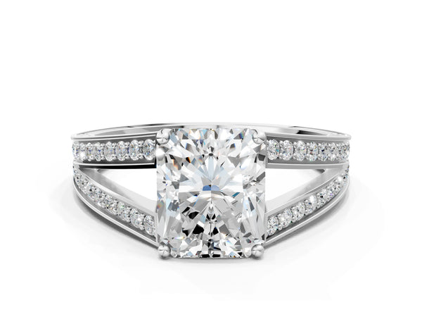 White Gold Radiant Cut Split Shank Engagement Ring Setting with Pave Band and Engraved Sides