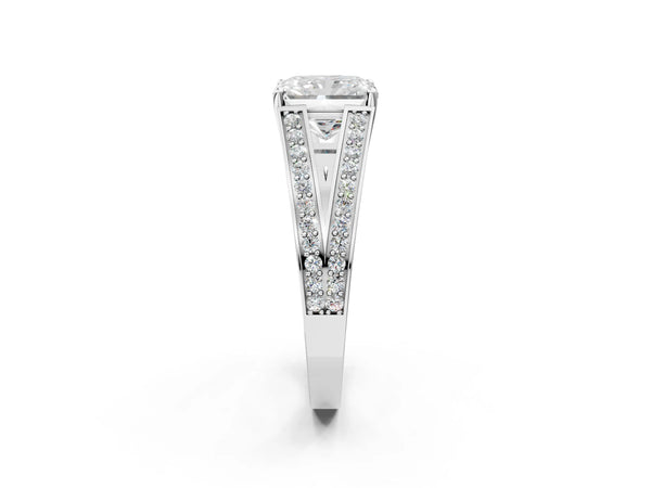 White Gold Radiant Cut Split Shank Engagement Ring Setting with Pave Band and Engraved Sides
