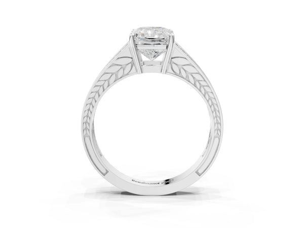 White Gold Radiant Cut Split Shank Engagement Ring Setting with Pave Band and Engraved Sides